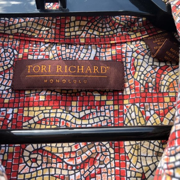 Tori Richard Men's Shirt Rust Red Mosaic Print Cotton Lawn Hawaiian Size L - Picture 5 of 11